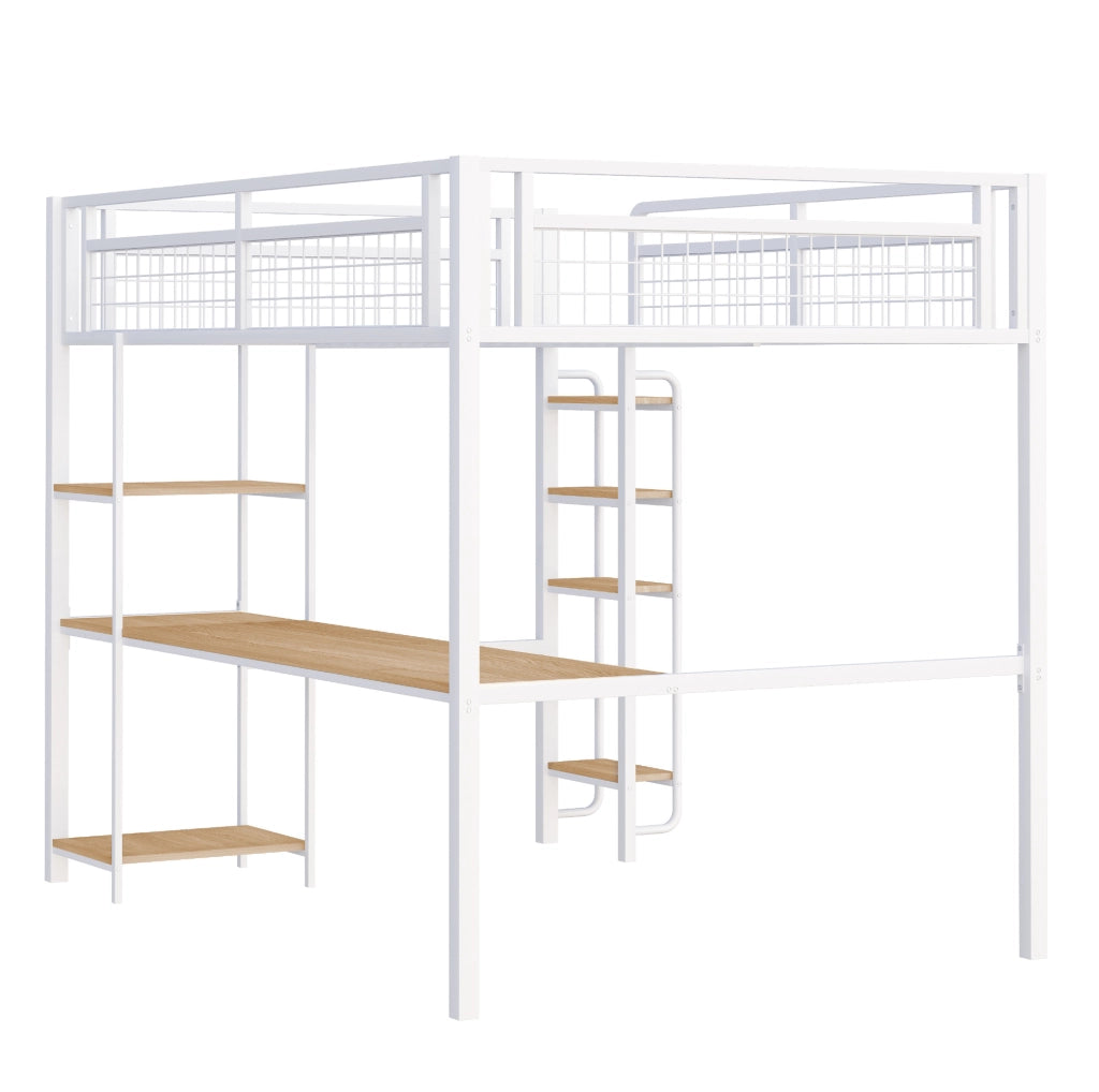 Letto a soppalco 140x200 cm con scala; tavolo e ripiani; bianco
