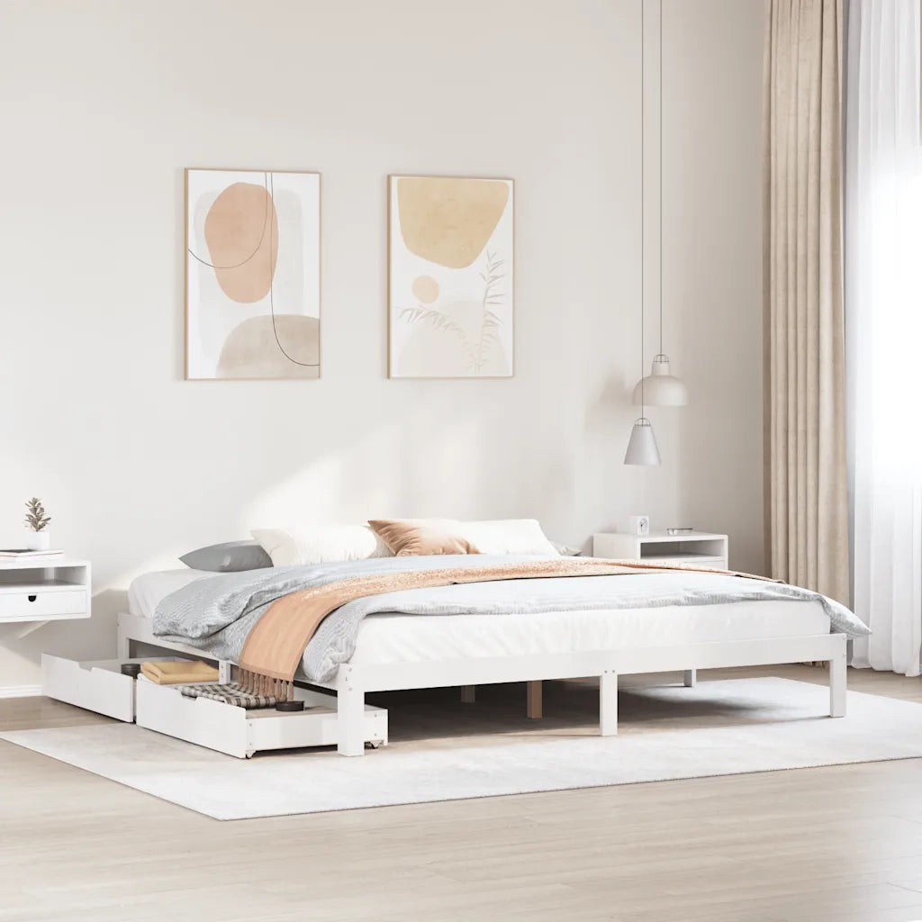Letto matrimoniale | Letto per adulti | Giroletto con Cassetti Bianco 200x200 cm Legno Massello di Pino
