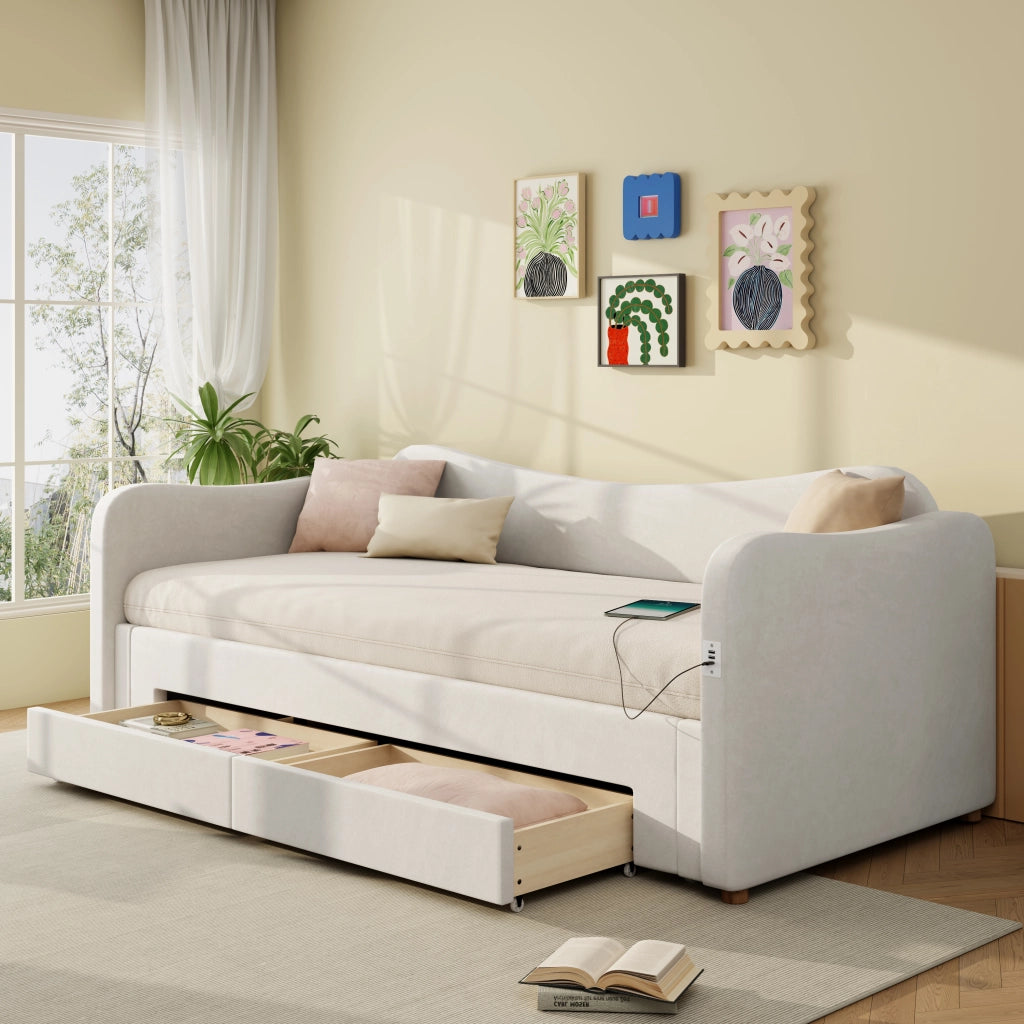 LETTO estraibile 90x200 cm fino a 180x200 cm con cassetti Velluto Beige USB