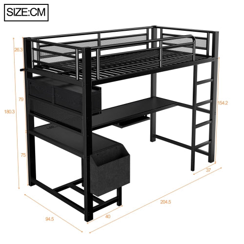 Letto a soppalco con scrivania 90x200 cm LEMONMAX, LED 7 colori, 2 prese e 2 USB, mensole, struttura in metallo, nero
