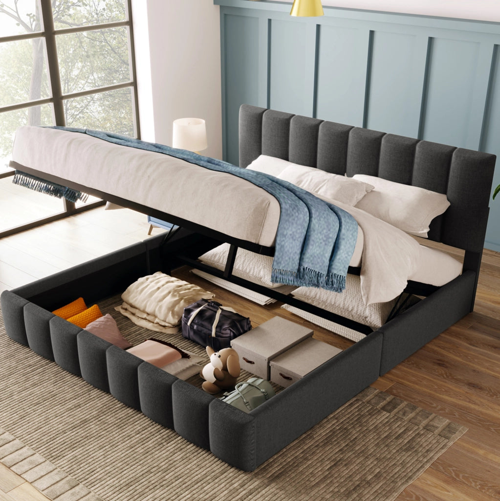 Letto matrimoniale imbottito 140x200 cm con contenitore, grigio