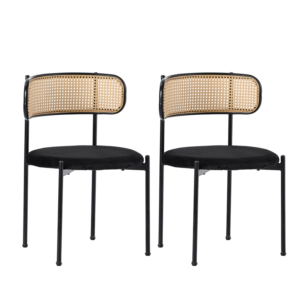 Set di 2 sedie da pranzo in velluto con schienale in rattan e gambe in metallo, colore nero