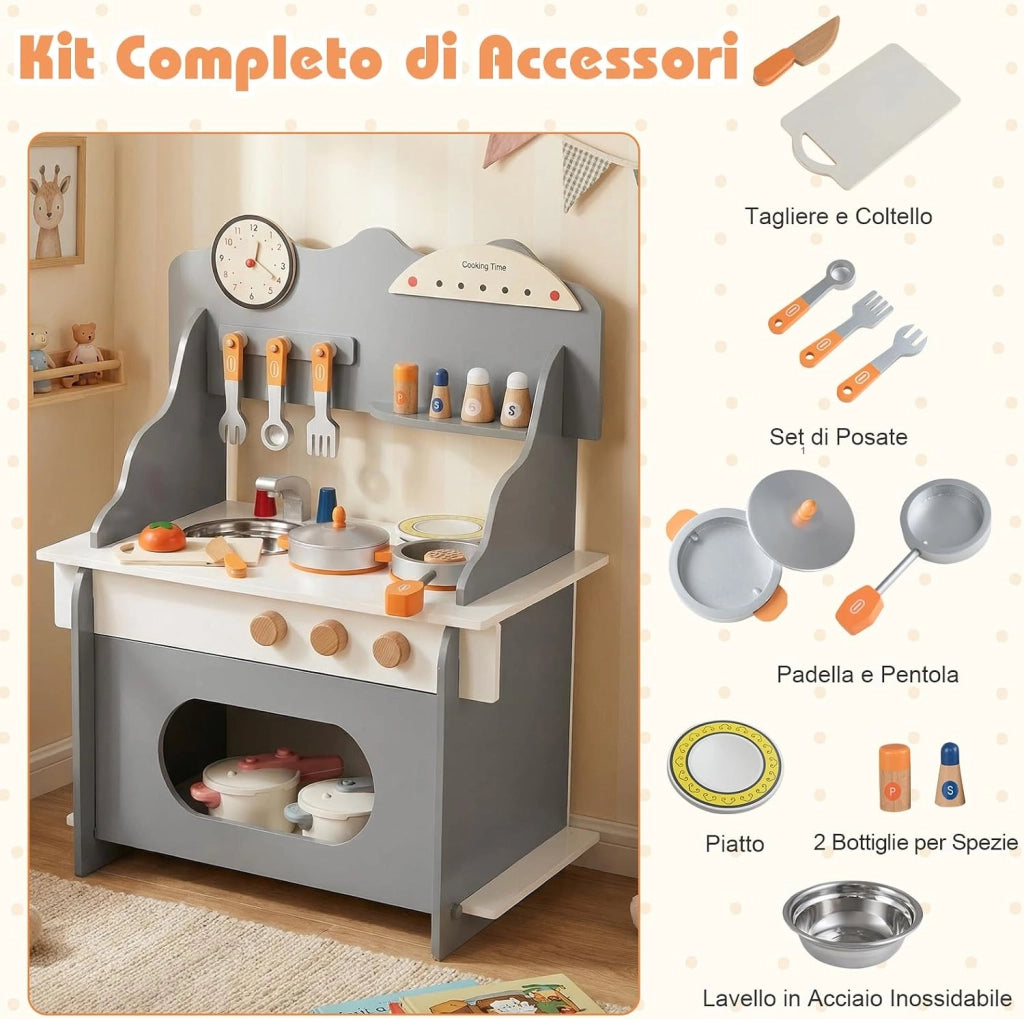 Cucina Giocattolo in Legno per Bambini, Set Gioco di Finzione con Orologio, Fornello, Porta Spezie e Accessori Completi, per Bambini 3+ Anni, 52 x 29,5 x 71 cm (Grigio + Bianco)