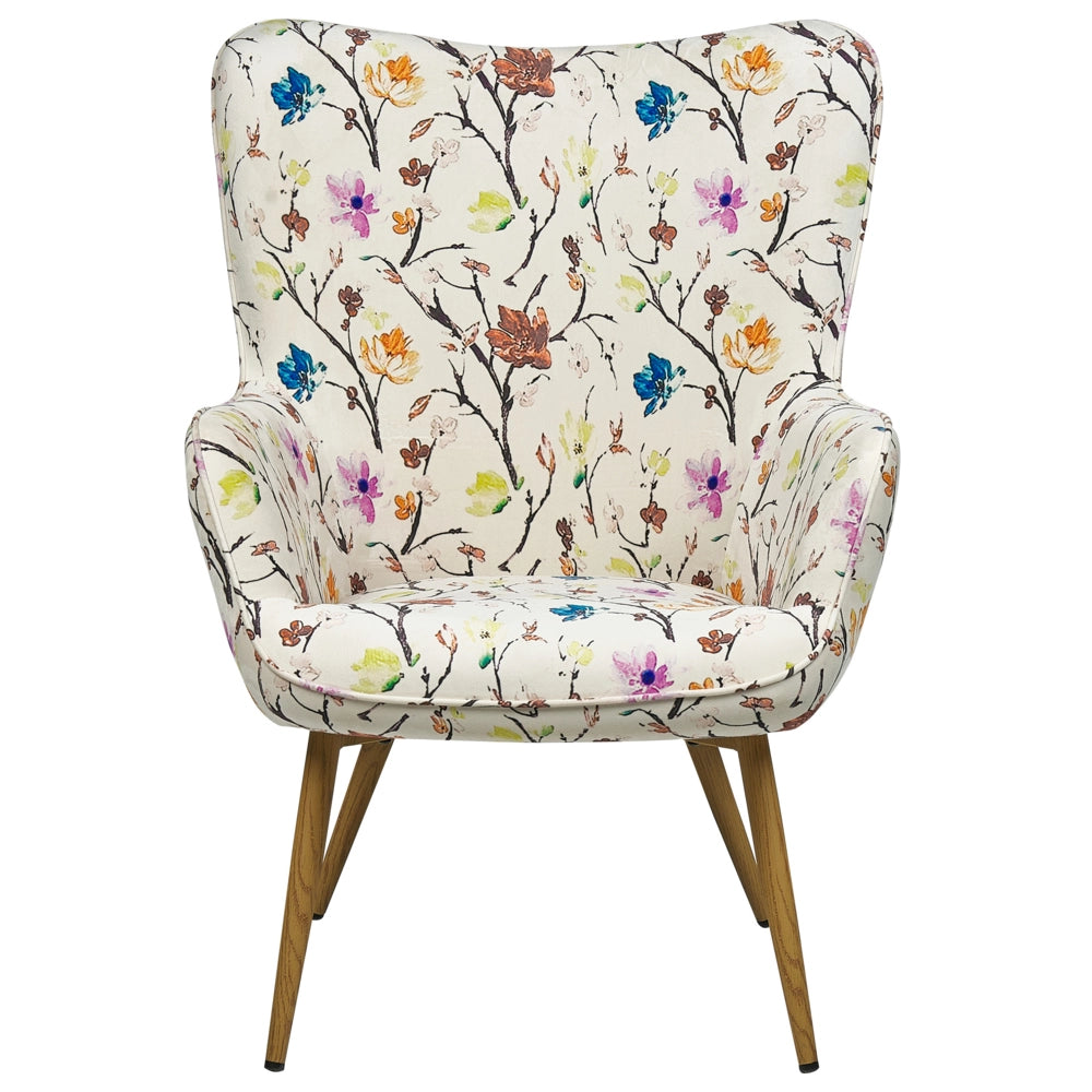 Sedia Wingback con tessuto ottomana color crema abbottonato motivo floreale in stile retrò