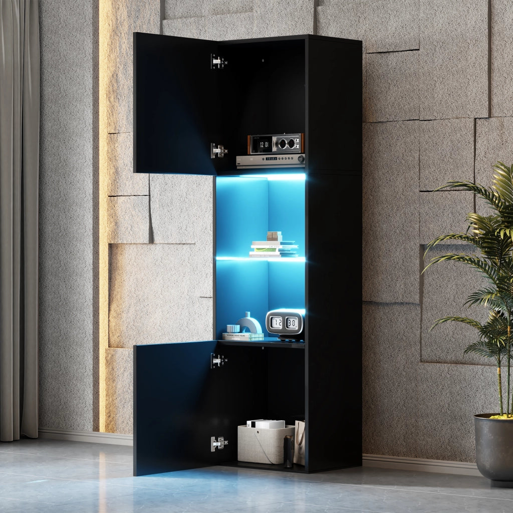 Vetrina con LED e 2 ante con ripiano in vetro temperato per soggiorno o ufficio in truciolato nero 45 × 35 × 160 cm
