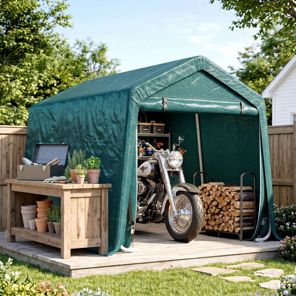 Garage Moto per Esterno 2.4x2 m, Tenda Garage per Attrezzi in Metallo e Tessuto PE, per Moto e Biciclette, Verde