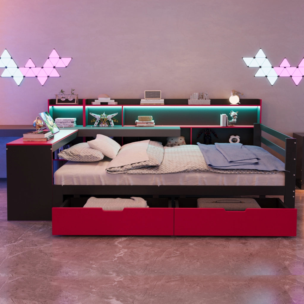 OKWISH Letto Combinato 140×200 cm, Letto Matrimoniale con Scrivania, Libreria, Mensole, LED, USB, 2 Cassetti, senza Materasso, Nero e Rosso
