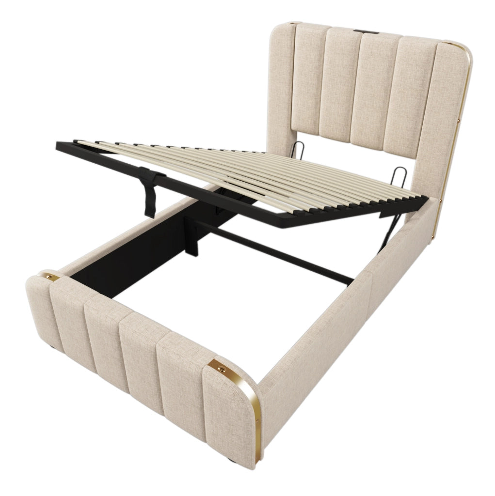 Letto 90x200 cm con contenitore idraulico, USB e USB-C in lino beige
