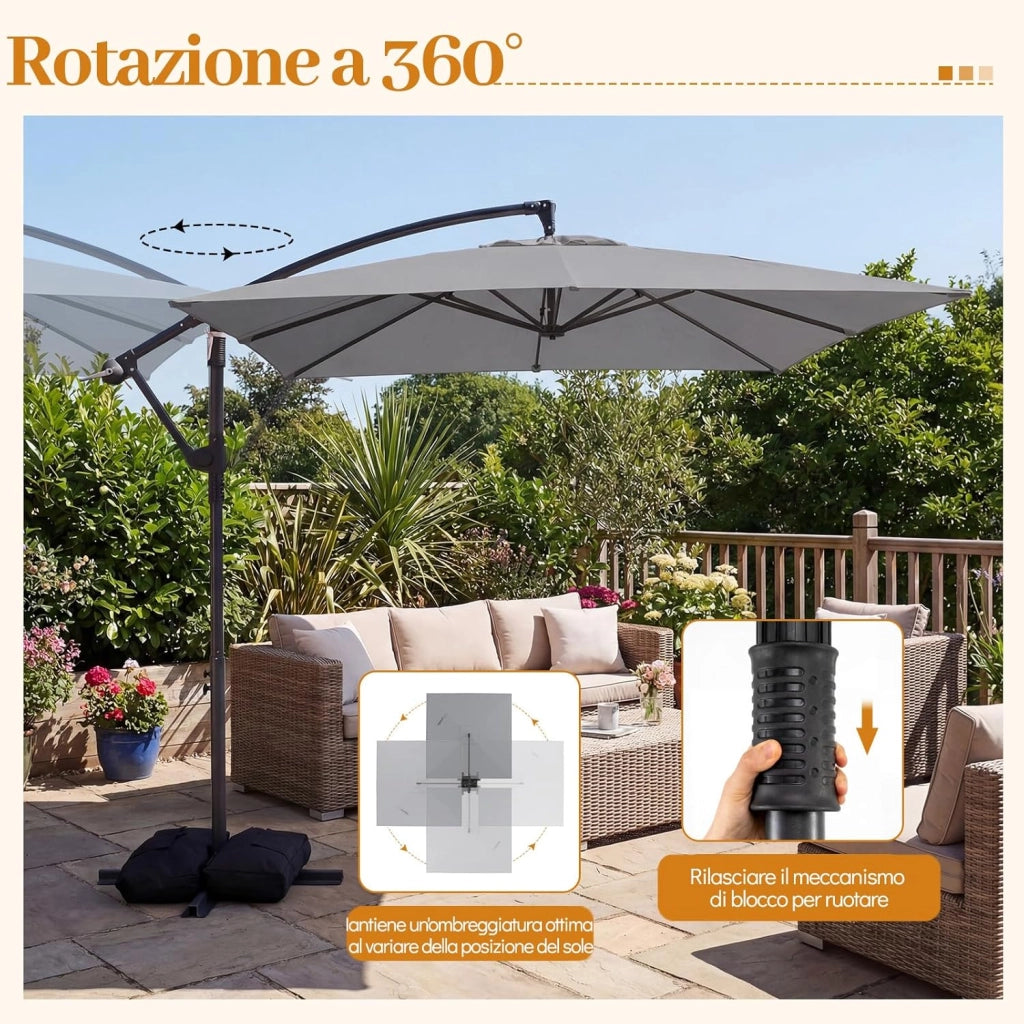 Ombrellone da Giardino 250 cm, Tettuccio Girevole e Ventilato | Protezione Solare, Resistente, Portatile, Sacchi di Sabbia, per Balcone, Esterno, Spiaggia (Grigio, 0 Luce LED)