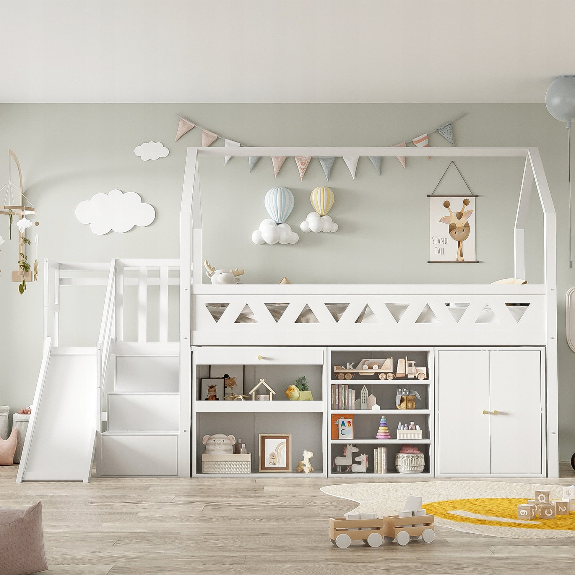 Letto a castello per bambini con scivolo e cassetti - Xylo - 90x200