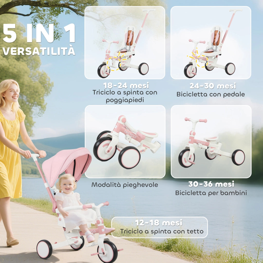 Triciclo 5 in 1 per Bambini con Maniglione di Spinta e Copertura ¨C Xylo ¨C Rosa, 96.5x49x101 cm