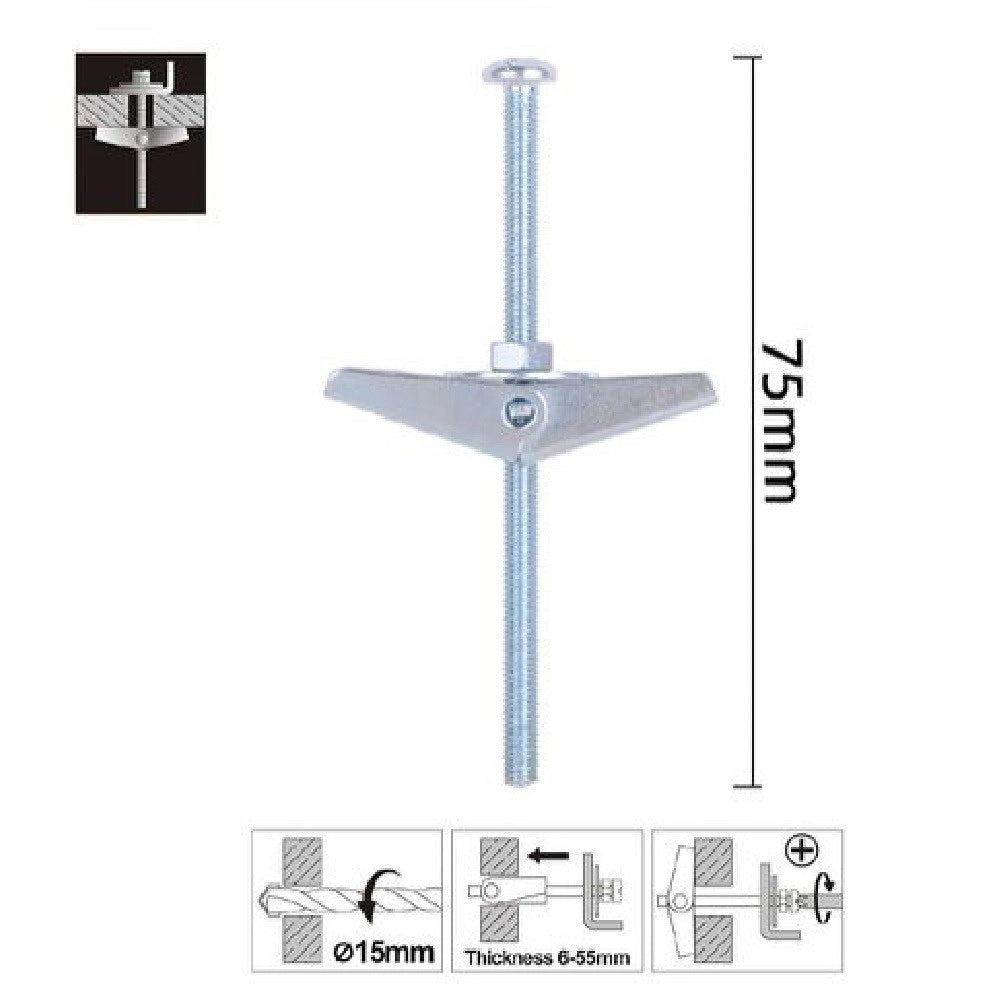 Trade Shop - Set 2pz Ancora A Farfalla In Acciaio Con Dado E Rondella Tassello M5x75 Mm 57226 -