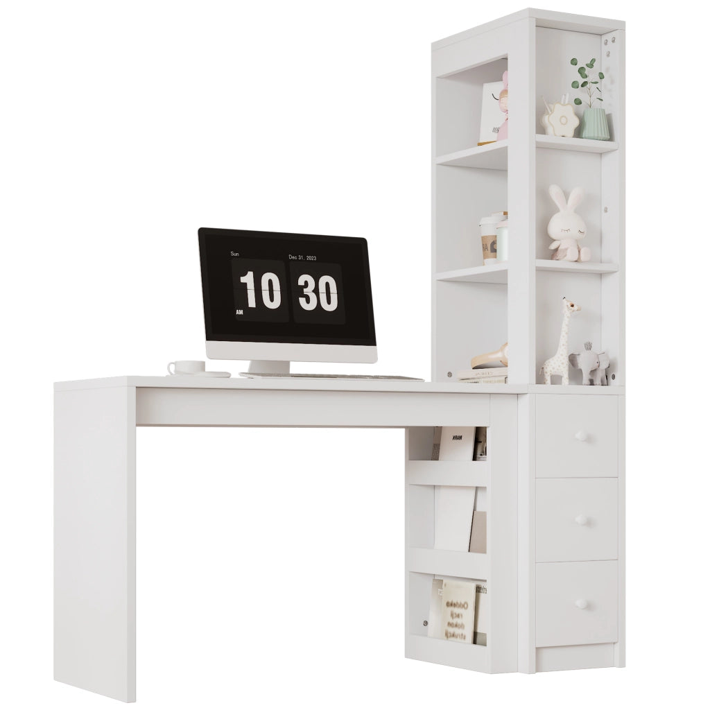 Scrivania bianca con libreria, 3 cassetti e vano laterale 150x50x180 cm