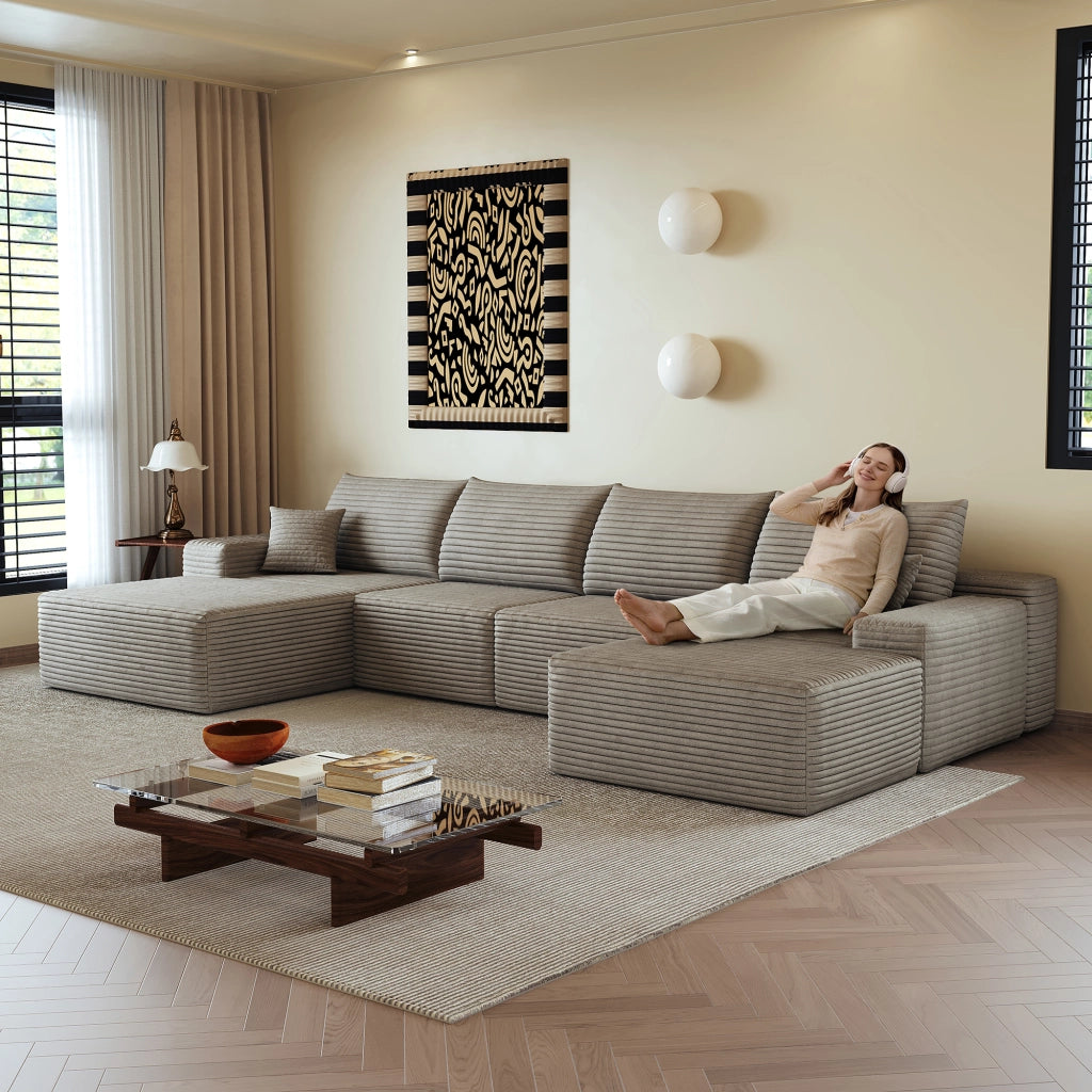 Divano angolare modulare con chaise longue, schiuma ad alta elasticità, in tessuto a coste camel 270 × 175 × 83 cm