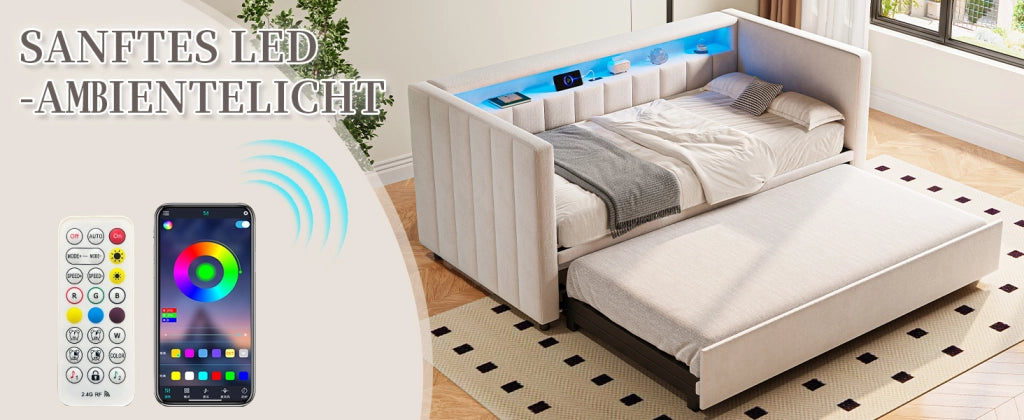 DESMIU Litto a scomparsa 90 × 190 cm 2 posti con USB-Type-C, LED regolabile e vano, senza materasso, in velluto beige