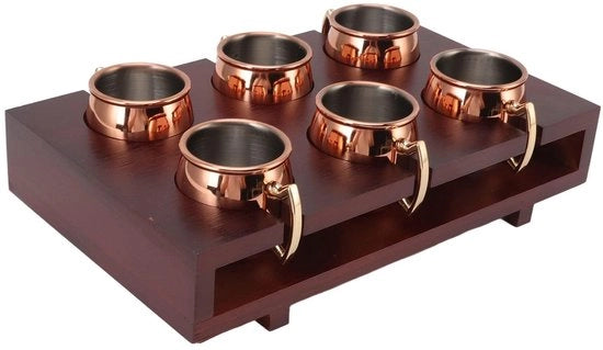 Set di Mugs per Moscow Mule - 6 Mini Cocktail Mokken con Pannello in Legno - Calza per Shot in Acciaio Inossidabile Lucido