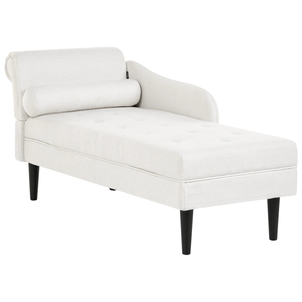 Chaise longue sinistra in tessuto bianco sporco imbottita con cuscino facile da pulire, gambe in legno, soggiorno moderno