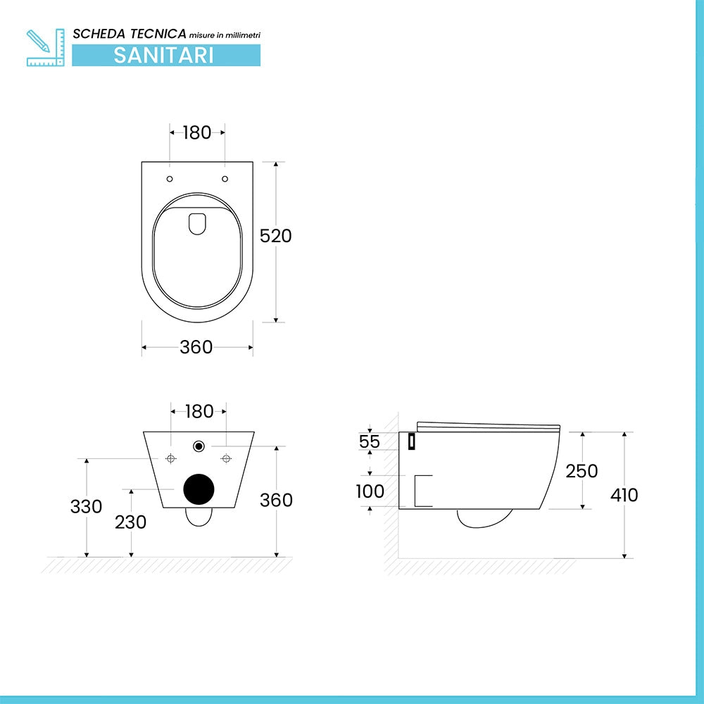 Sanitari Sospesi in ceramica bianco design tondo con copriwc e scarico rimless Ukra