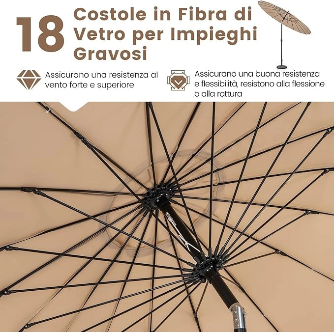 Ombrellone da Giardino Rotondo di 265 cm, Ombrellone da Patio con 18 Costole, Inclinazione a Pulsante, Parasole con Supporto in Metallo, per Cortile, Piscina, Spiaggia (Marrone)