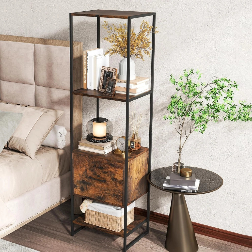 Scaffale a 5 livelli, libreria con 4 ripiani aperti e 1 cassetto, con kit antiribaltamento, 45 x 35 x 160 cm, scaffale portaoggetti per soggiorno, camera da letto, ufficio (marrone)