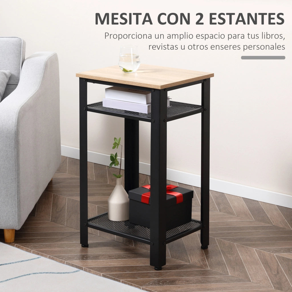 Tavolino da salotto industriale con ripiani in rete metallica e gambe regolabili ¨C Zephmum ¨C Quercia e nero 45x35x75 cm