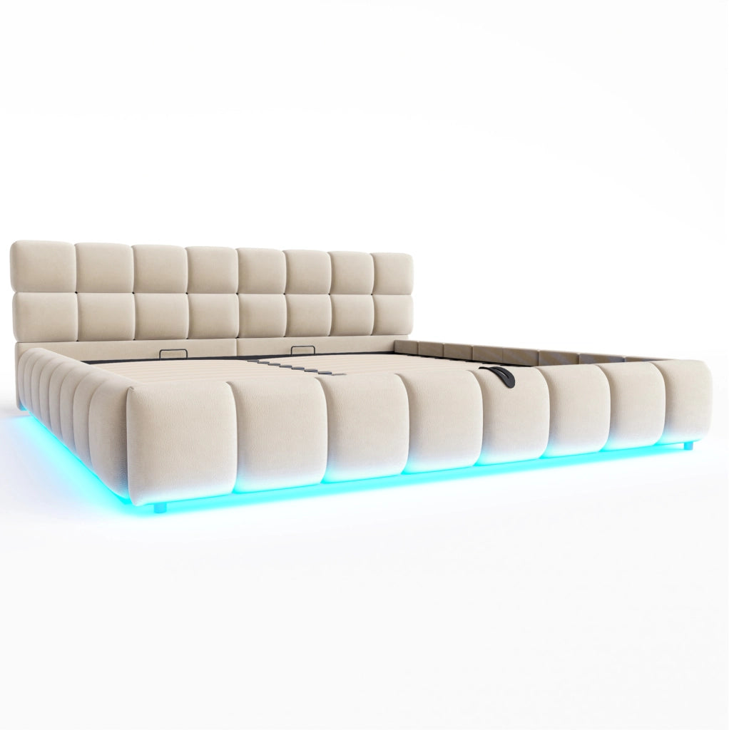 Letto imbottito 180x200 cm con contenitore idraulico e LED in velluto beige