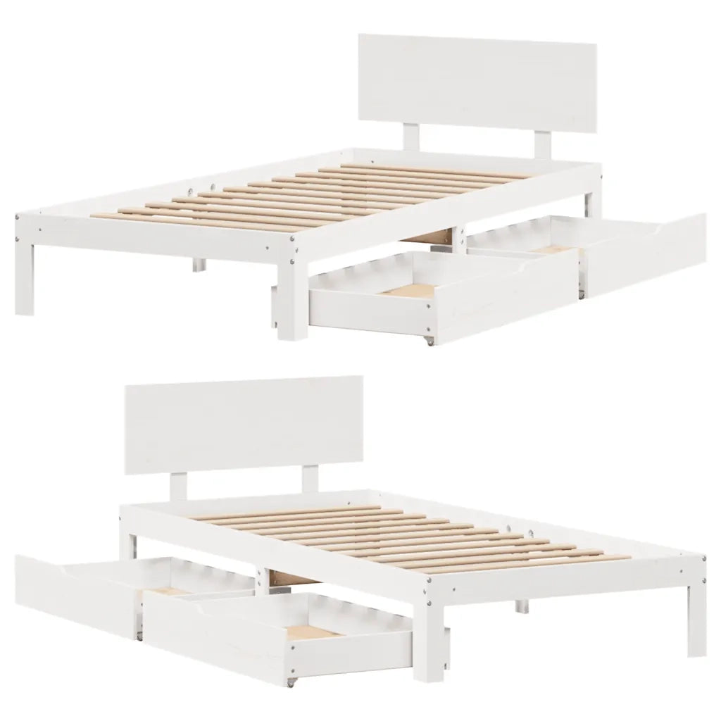 Letto singolo | Letto per adulti | Giroletto con Cassetti Bianco 100x200 cm Legno Massello di Pino