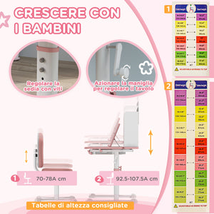 Banco Scuola per Bambini con Piano Inclinabile con Sedia Altezza Regolabile Bianco e Rosa