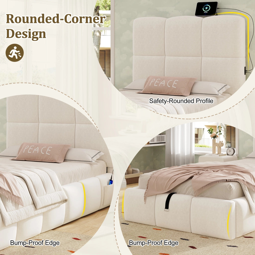 DESMIU Letto bambino 90 × 200 cm con contenitore idraulico, USB-C e velluto, senza materasso, beige