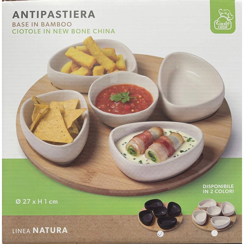 Trade Shop - Set Antipastiera Vassoio Girevole ø27cm In Bamboo Con 5 Ciotole Da Portata Snack Apertivi -