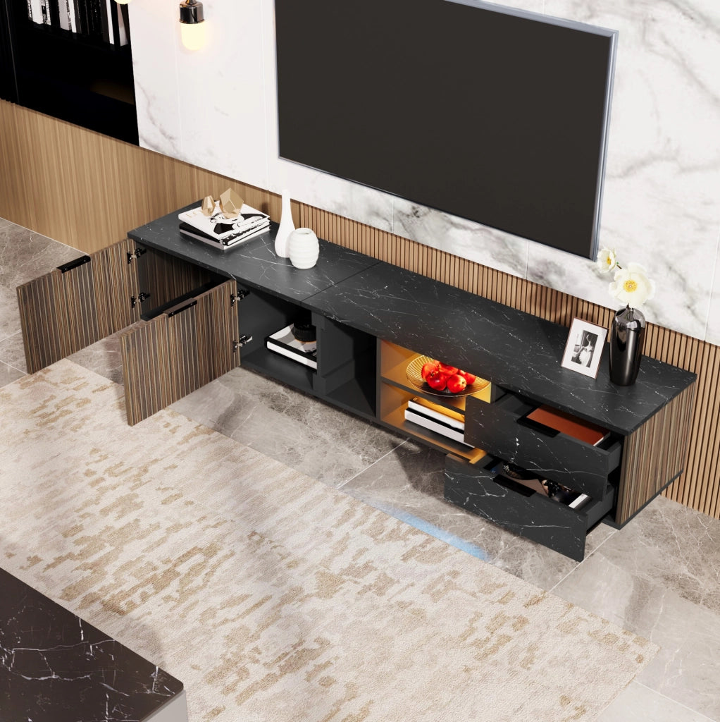 Mobile TV 200 cm con finitura marmo nero e LED multicolore