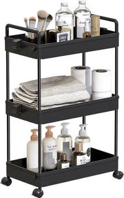 Trolley 3 livelli con ripiano estensibile carrello slittato per spese mobile organizzatore per cucina, bagno, lavanderia, camera da letto, spazi angusti, plastica, nero