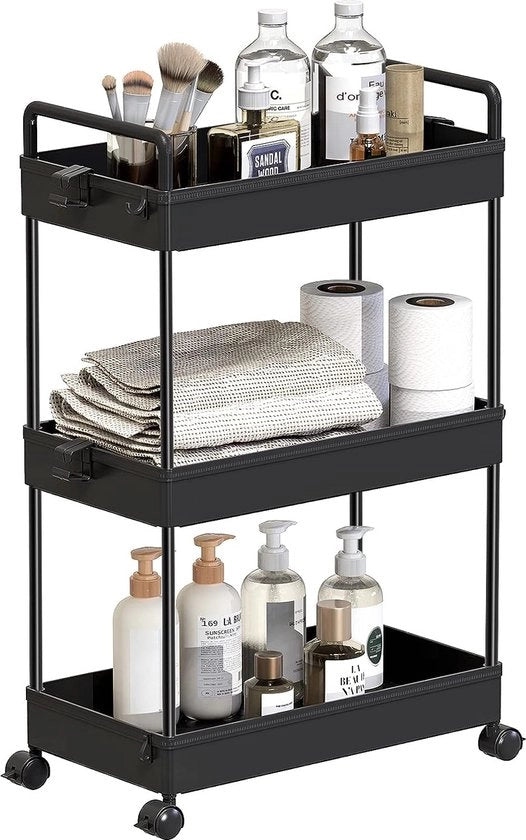 Trolley 3 livelli con ripiano estensibile carrello slittato per spese mobile organizzatore per cucina, bagno, lavanderia, camera da letto, spazi angusti, plastica, nero