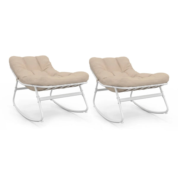 IDMarket - Set di 2 sedie a dondolo da giardino ARONA, bianche con cuscini beige