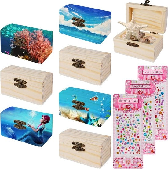 Mini cassa di legno 8 pezzi - 9 x 55 x 52 cm - da personalizzare - con adesivi diamantati - attività per bambini oceano Cassa di legno per hobby