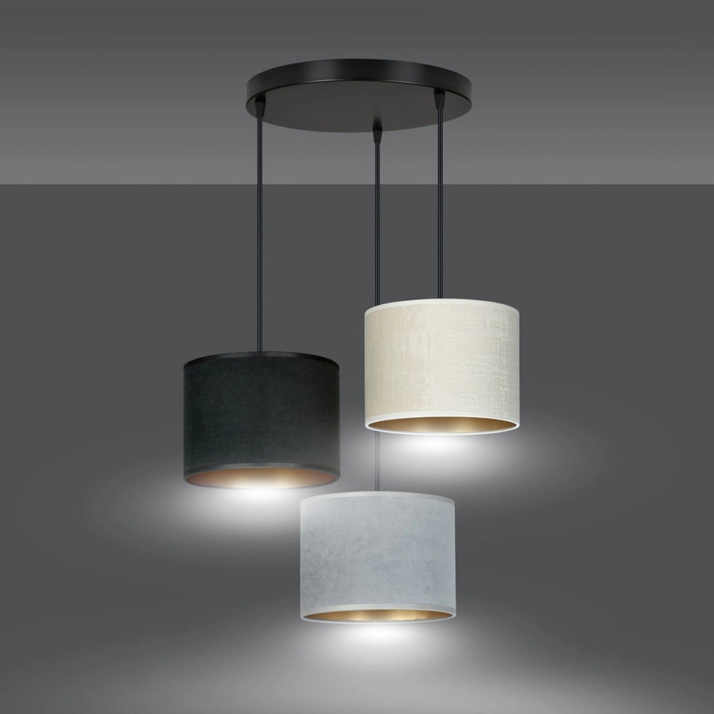 Lampada a sospensione Hilde a tre luci in tessuto effetto velluto