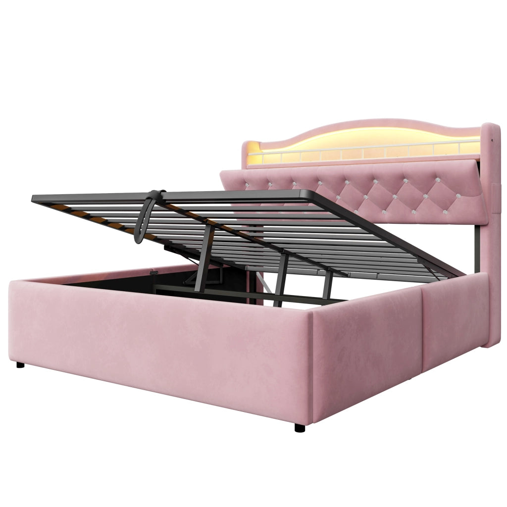 DESMIU Letto contenitore 140 × 200 cm 2 posti con LED, USB e USB-C, senza materasso, rosa