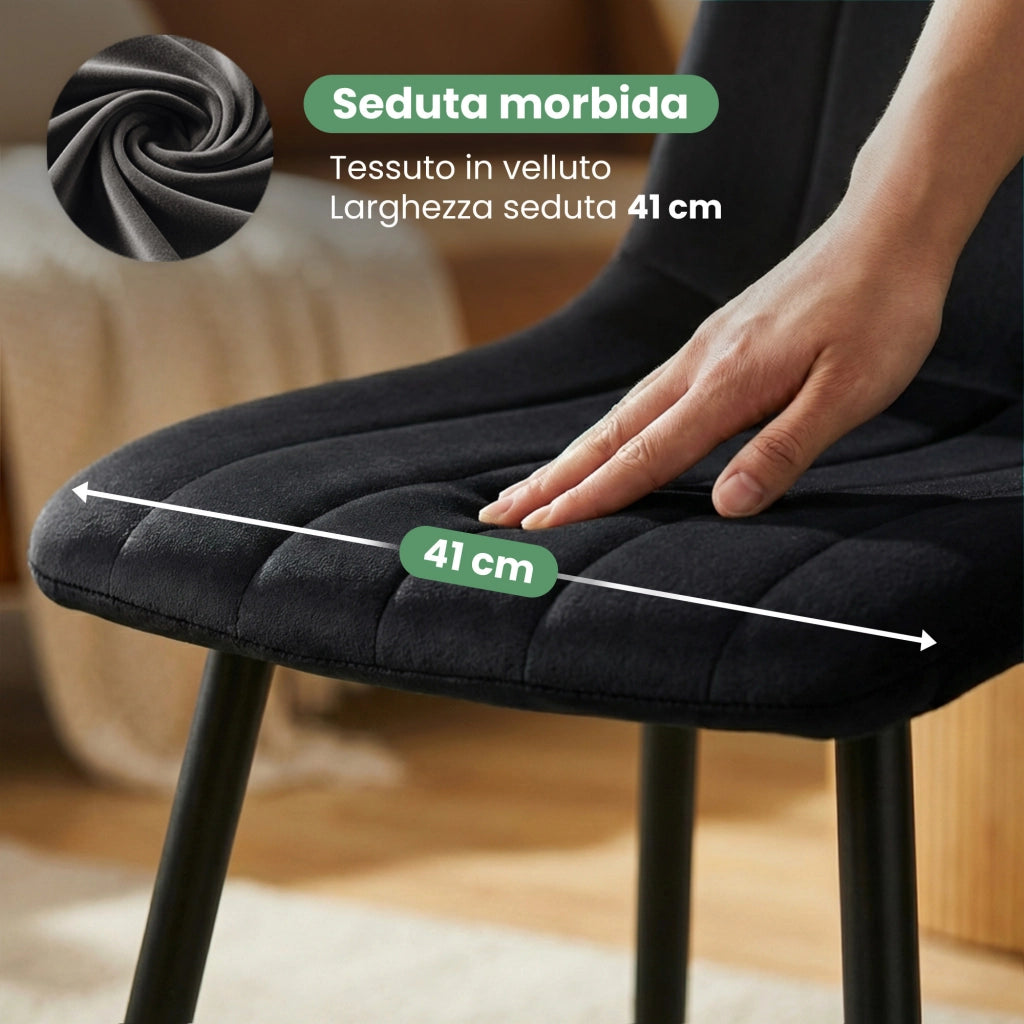 Set di 4 Sedie in velluto trapuntate LIVO Nero gambe nere