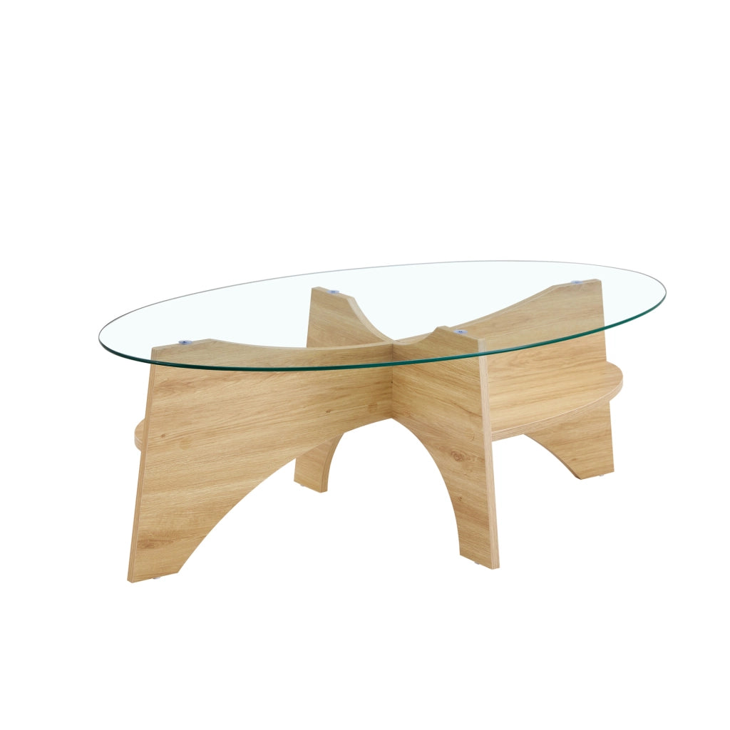 Tavolino ovale trasparente e legno in vetro e MDF con ripiano inferiore