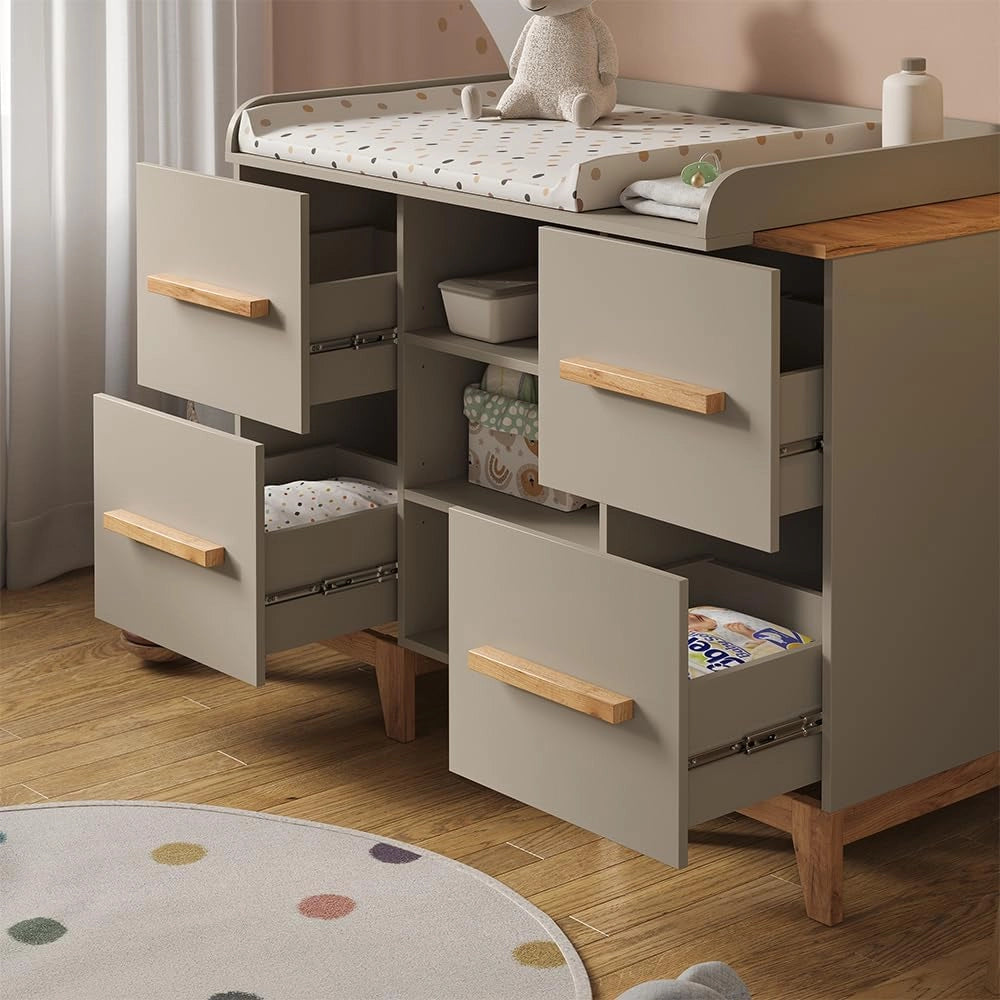Fasciatoio Malia, Cashmere/Artigianale, 133 x 98 cm XL con 4 cassetti, con fasciatoio rimovibile per l'utilizzo come cassettiera