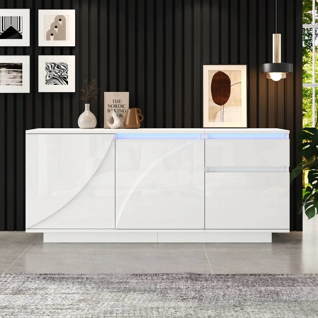 Mobile Credenza con LED ¨C MINIMAL ¨C Bianco Lucido, 1 Cassetto, MDF, 140x40x60 cm
