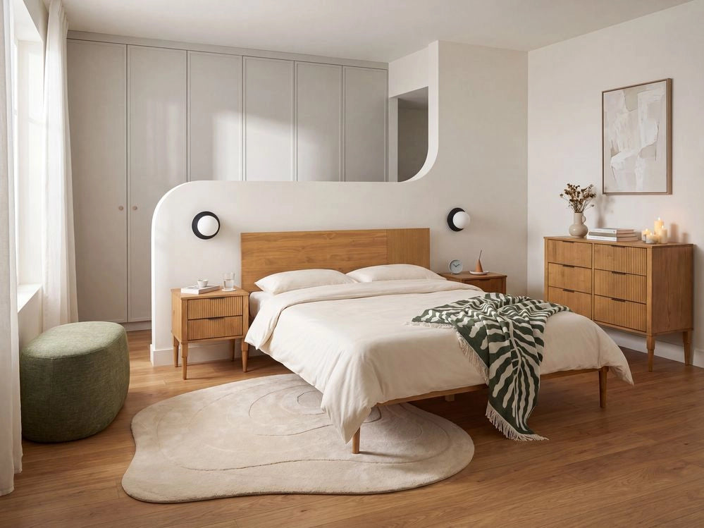 Set da camera da letto in legno di pino con letto matrimoniale 2 comodini e cassettiera a 6 cassetti 160 x 200 cm marrone chiaro stile scandinavo