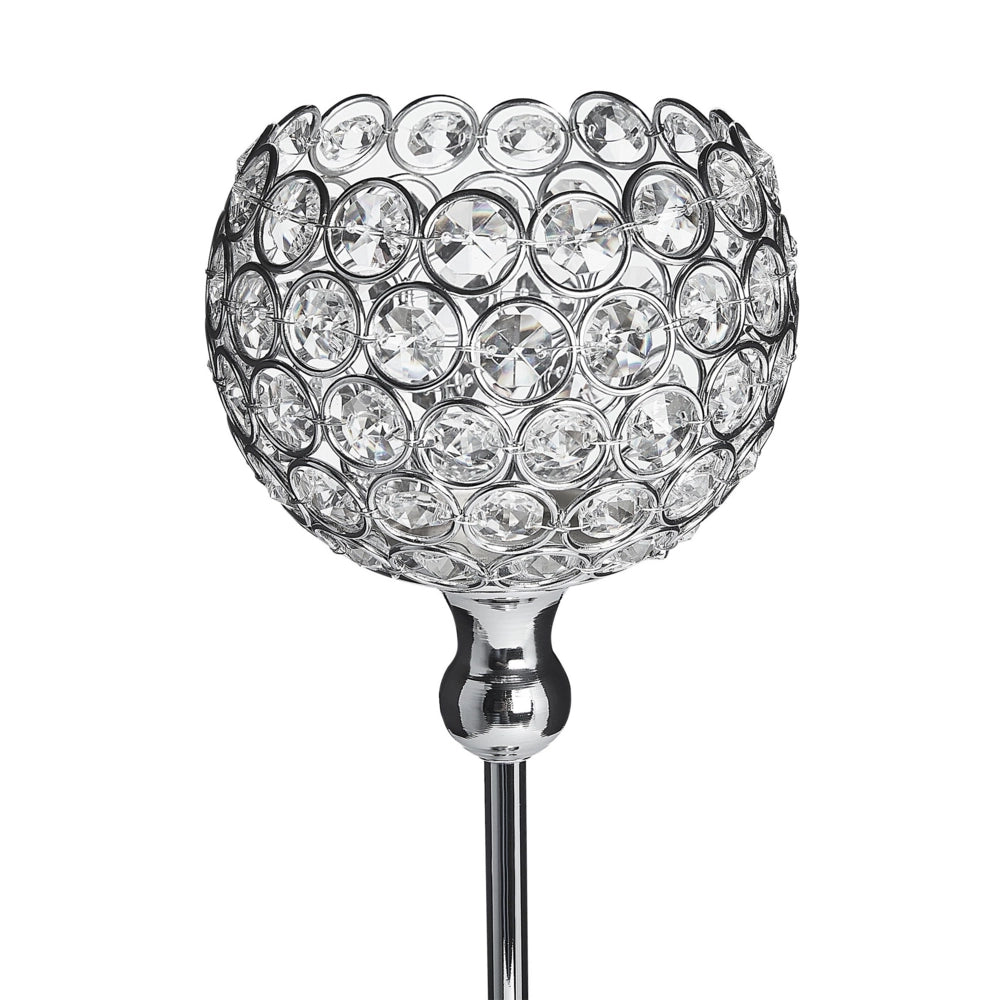 Portacandele Foglia di tè Paralume in metallo argentato a forma di ciotola con cristalli di vetro 27 cm Centrotavola decorativo glamour