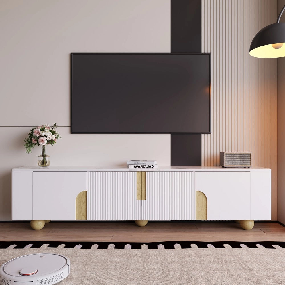 Mobile TV Bianco 180 cm ¨C Xylo ¨C 4 Ante, Design Elegante, Effetto Marmo, Gambe in Legno