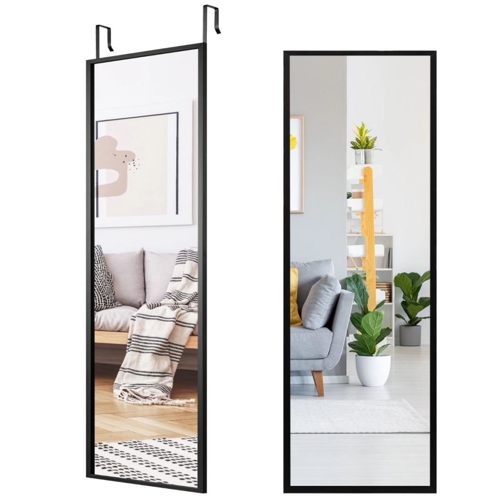 Specchio a figura intera per muro o porta con struttura in ferro, Specchio con 2 set di ganci regolabili Nero-Specchi da parete