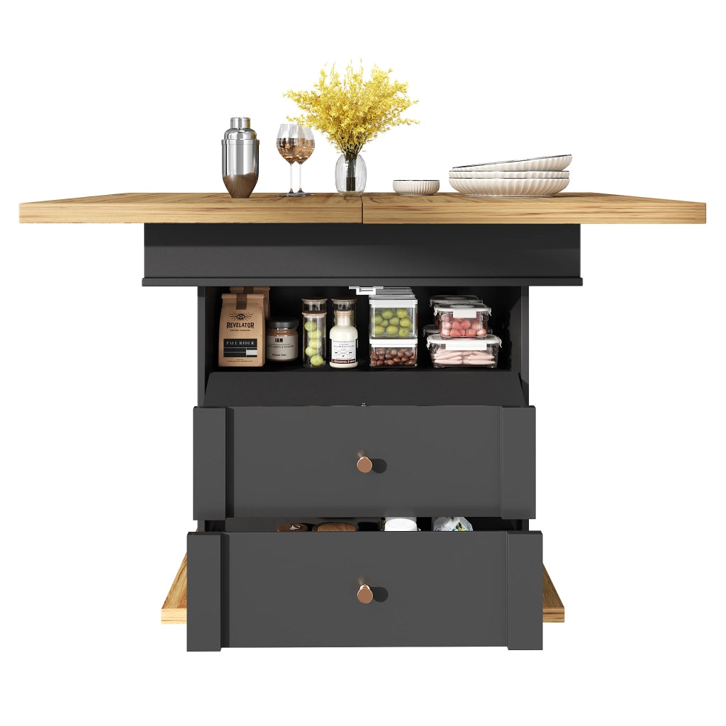 Tavolo allungabile con vano contenitore, piano estensibile e chiusura magnetica soft-close, per cucina e soggiorno, nero naturale, 110 × 80 × 75 cm