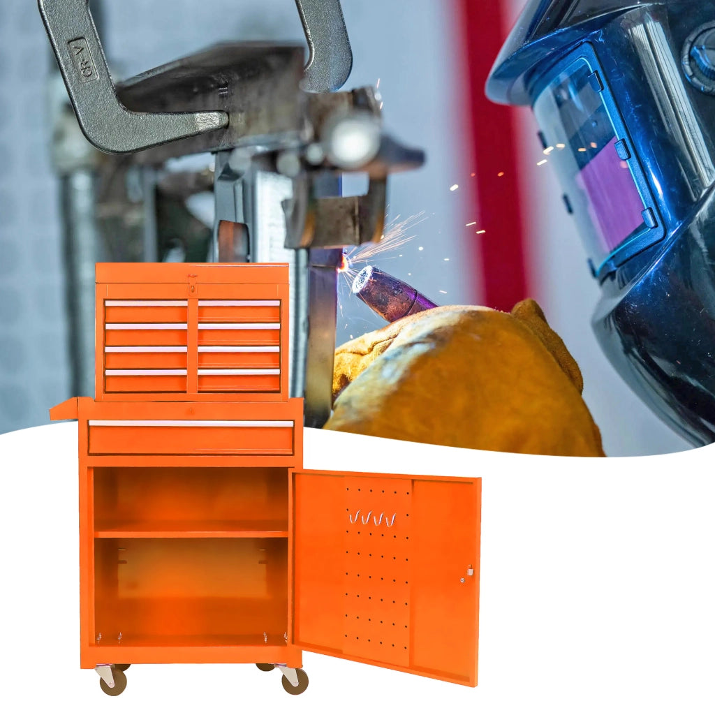 Mobile contenitore in acciaio con 5 cassetti, ripiano regolabile e ruote, per garage e officina, arancione