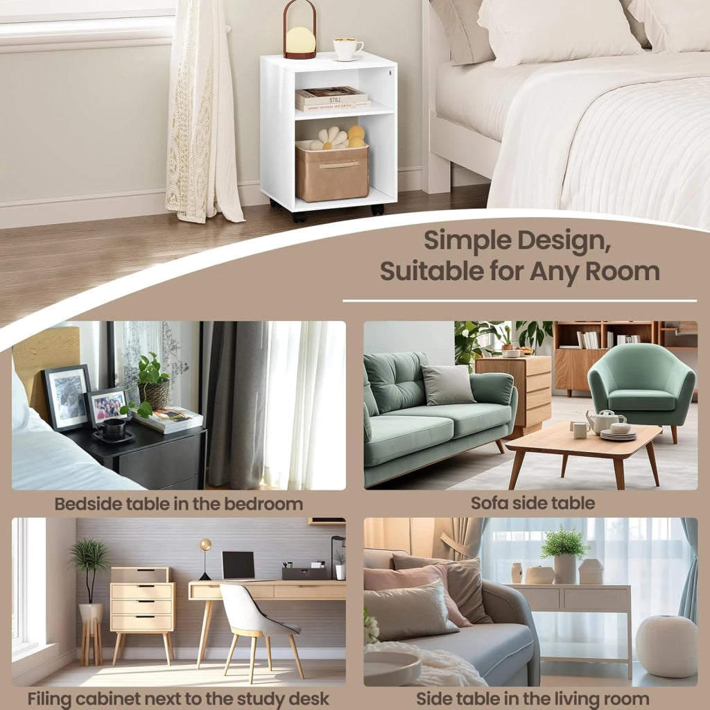 Set di 2 Comodino Tavolino con Ruote, Mobile Porta Stampante con 2 Scomparti Aperti, Comodino Bianco per Camera da Letto, Salotto, Ufficio, in Legno, 40x35x55cm, 0008CTG-2