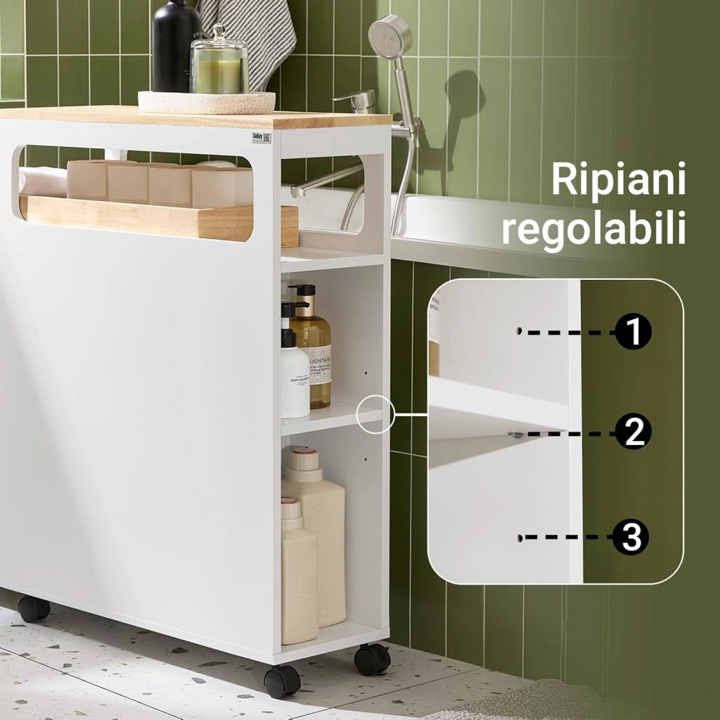 Mobile Bagno, Mobile Salvaspazio con 3 Cassetti, Ripiano in Legno e Rotelle – Mobiletti Stretti, Colonna Bagno da Terra, Struttura Resistente e Design Moderno BZR54-IV-WN