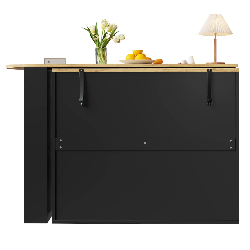 OKWISH Tavolo da Bar con 3 Cassetti e 5 Ripiani, Piano Girevole ed Estensibile, per Cucina e Soggiorno, Nero, 138-204×39×104 cm